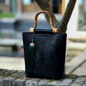 原创2025新品 大容量竹手柄香云纱新中式 复古风汉服旗袍手提手拎包