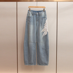 钉珠羽毛设计感高腰阔腿弯刀牛仔裤 法式 早春新款 深圳南油篙端女装