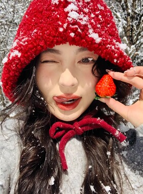 可爱红色毛绒帽女秋冬加绒保暖防寒护耳包头帽新年圣诞