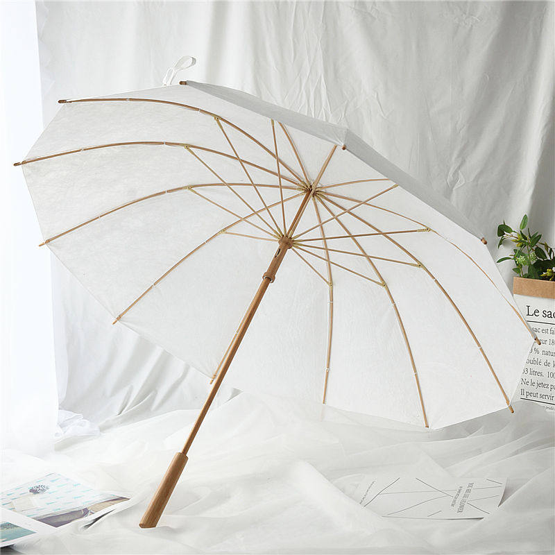 沛欣竹伞复古风竹子遮阳伞白色中国风防晒黑胶直杆杜邦纸伞长柄伞
