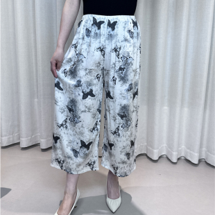 薄透气外穿女 宽松九分裤 夏凉速干高腰人造棉阔腿裤 棉绸绵休闲大码