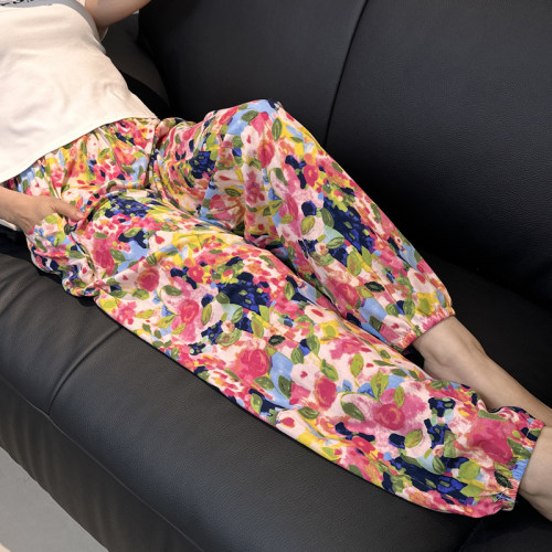 夏季女裤薄款束脚裤棉绸大码休闲裤女士人造棉沙滩泰国大象灯笼裤