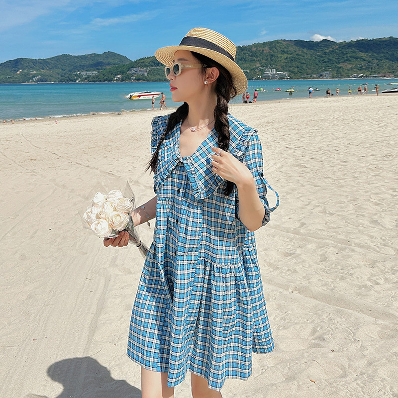 现货 24新款泰国旅拍格子长袖袖子可系起连衣裙L2311-P115-控178