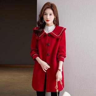 秋冬新款娃娃领女外套修身显瘦中长款时尚洋气加大码羊绒毛呢大衣