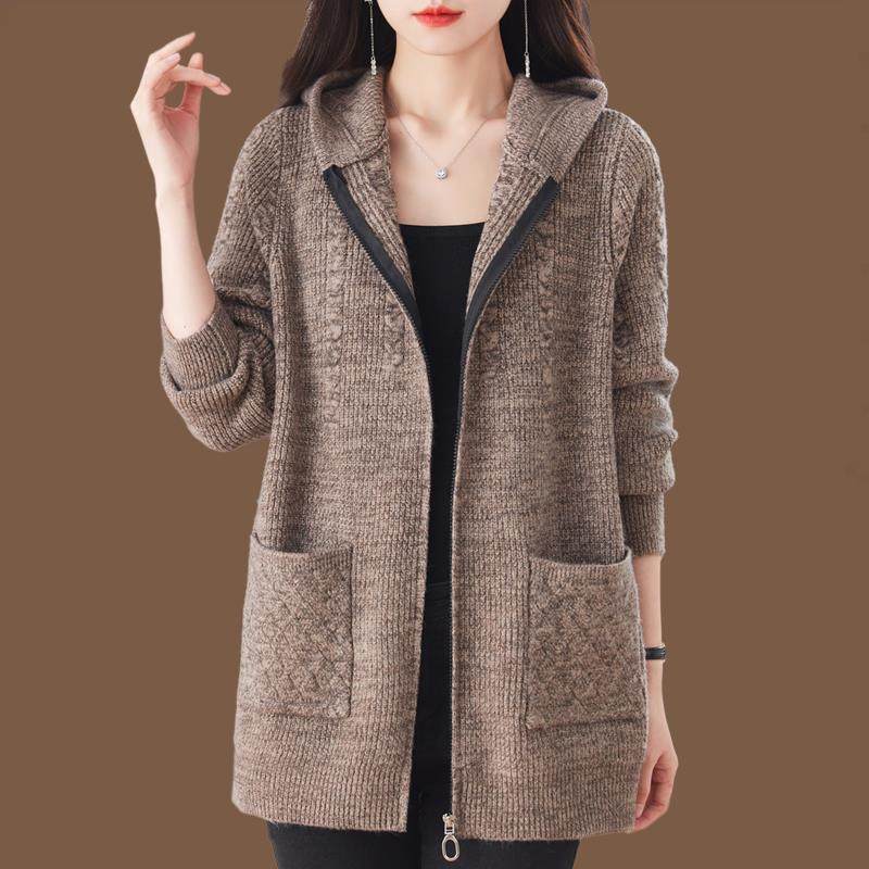 妈妈连帽外套女中长款羊毛针织开衫春秋宽松大码女装休闲毛衣外搭