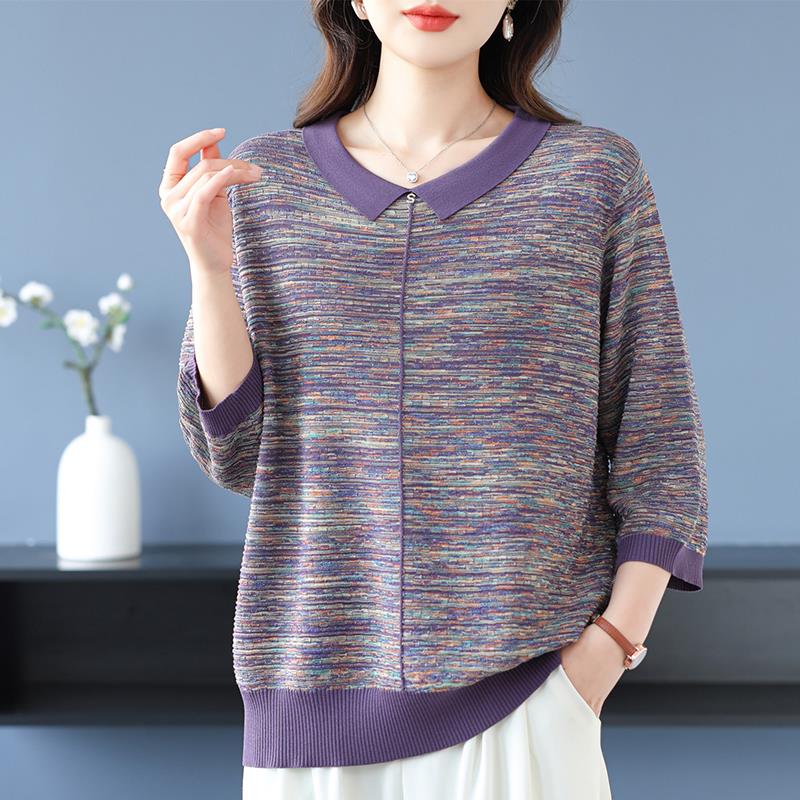 胖妈妈七分袖针织衫女宽松加大码翻领冰丝T恤遮肚打底衫薄款上衣
