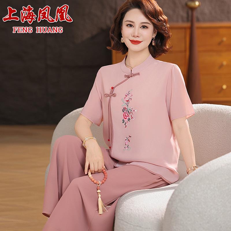 妈妈夏装新中式套装短袖真丝小衫洋气中老年女旗袍领桑蚕丝两件套