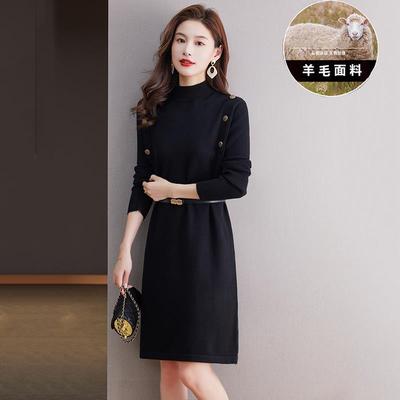配大衣毛衣裙女中长款秋冬新款小个子气质显瘦羊毛针织打底连衣裙