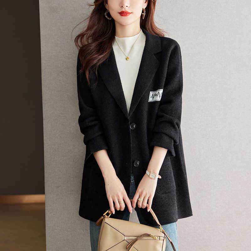 西装外套女2024秋冬新款黑色中长款针织开衫洋气休闲加厚西服上衣