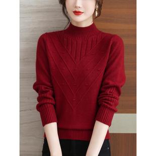 冬季半高领羊毛针织上衣妇女新年龄减少中年母亲的服装宽松大码保