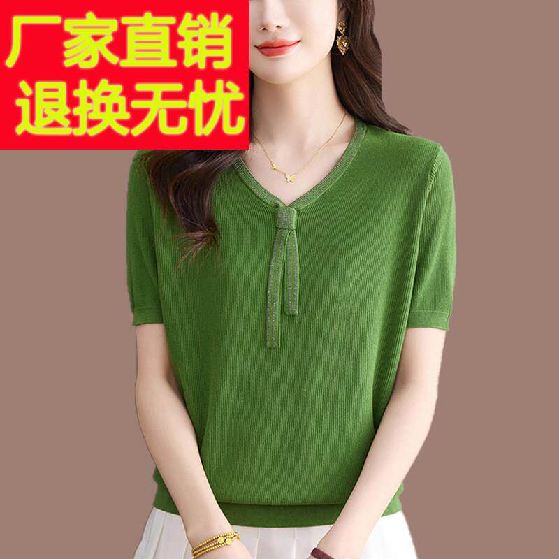 桑蚕丝针织衫女宽松薄款上衣短款短袖r恤时尚减龄妈妈装V领打底衫