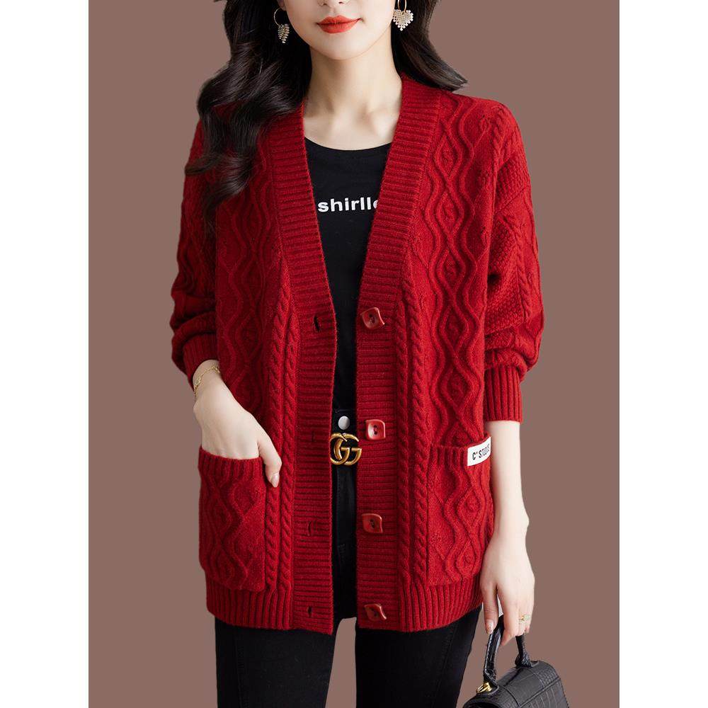 中长款宽松麻花开衫女加厚洋气羊毛衫毛衣外套秋冬V领针织衫外穿