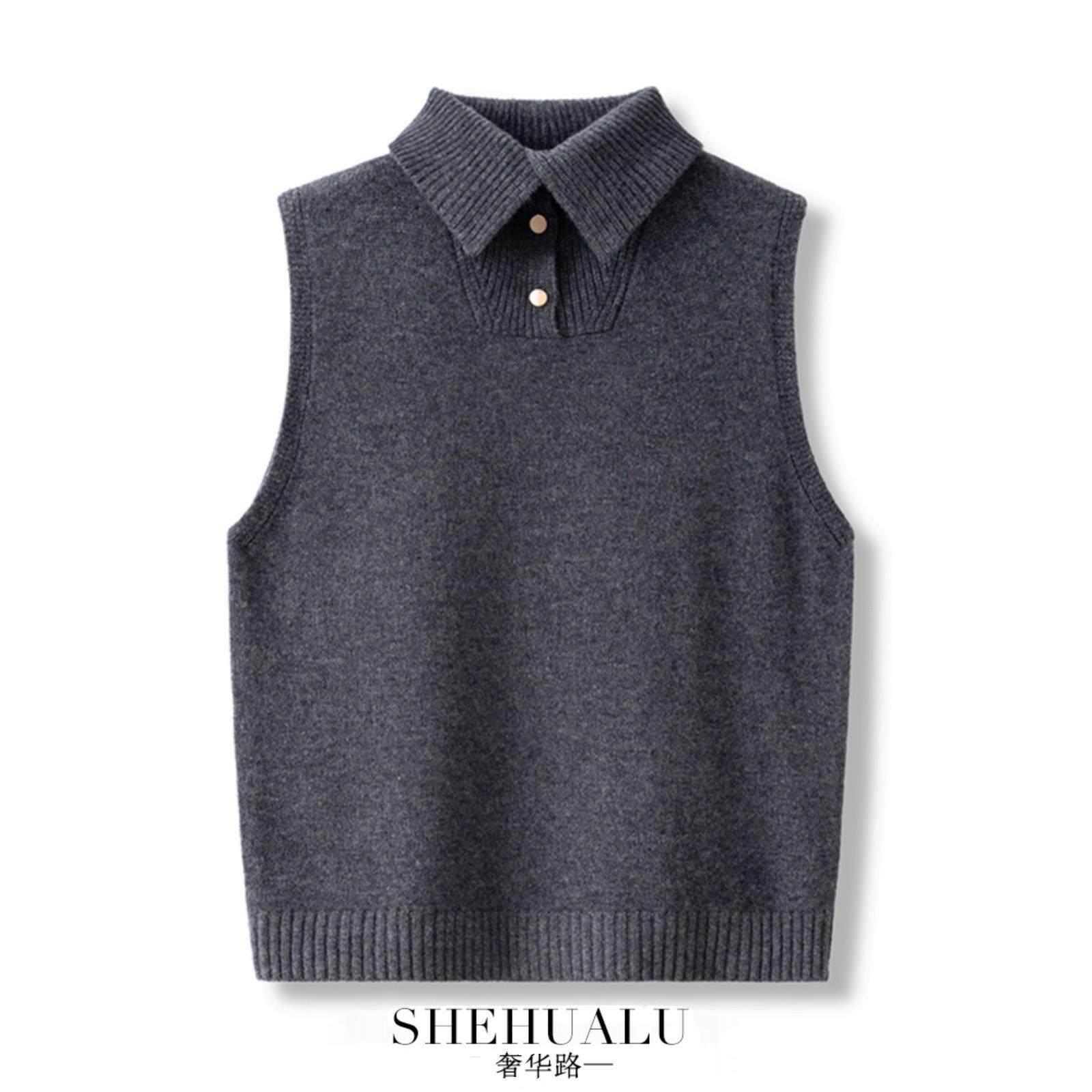 设计感翻领针织马甲女纯羊毛2024春秋新款叠穿百搭坎肩毛衣背心