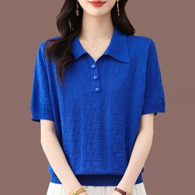桑蚕丝t恤女夏季洋气遮肚百搭上衣薄款冰丝针织衫女士polo领短袖