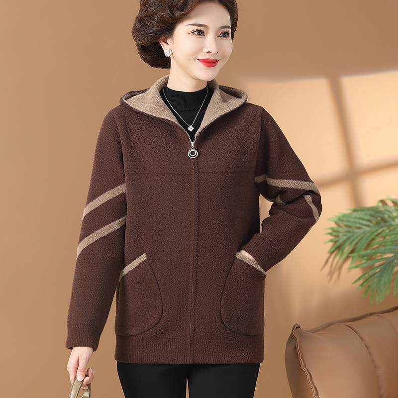 新款中年女士妈妈连帽外套秋冬季修身显瘦百搭双面绒上衣加肥大码