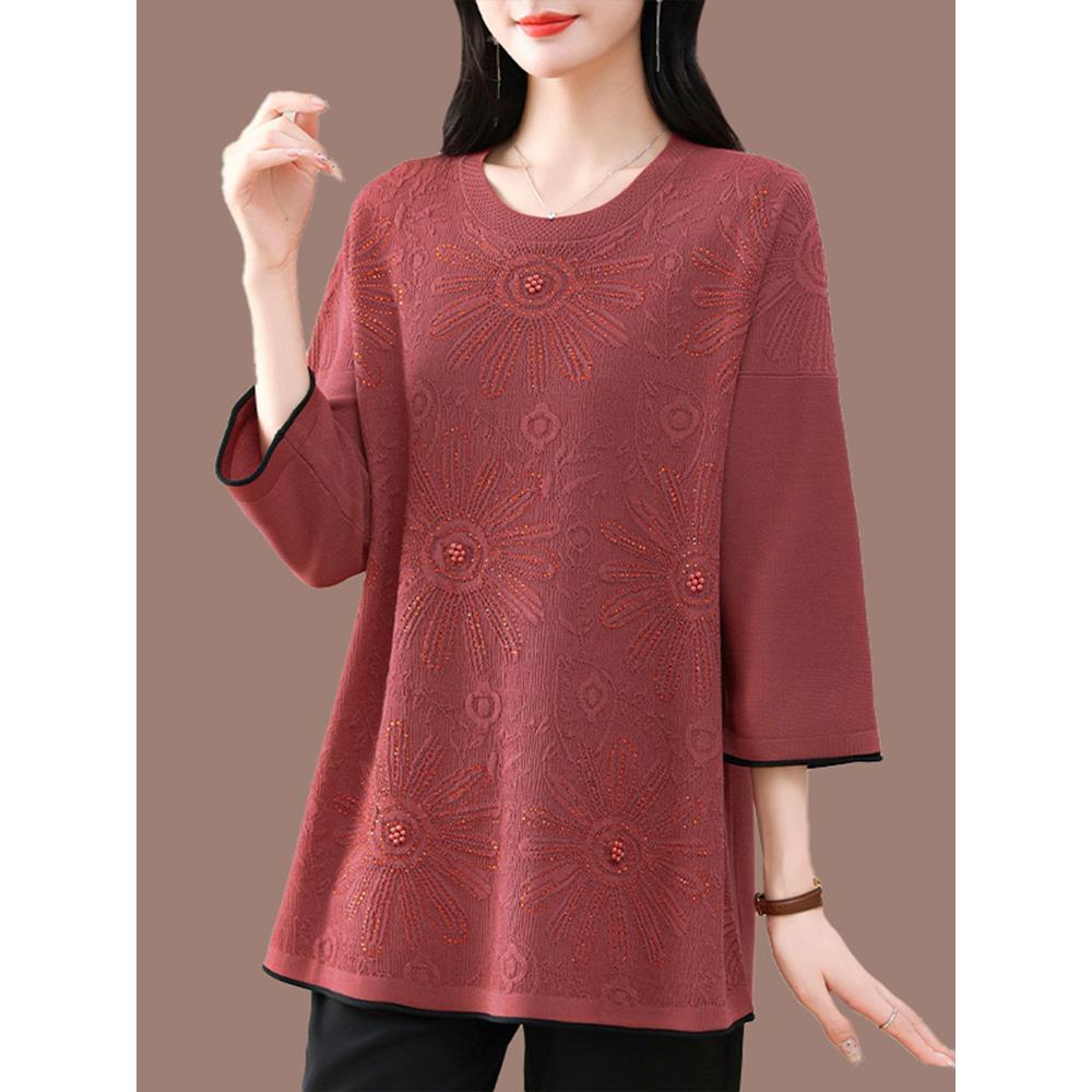 妈妈秋装七分袖冰丝针织打底衫中长款遮肚子中老年大码外穿薄上衣