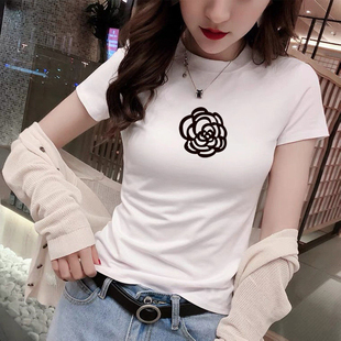 小高领白色短袖T恤女式打底衫纯棉修身短款夏季半高领内搭t恤上衣