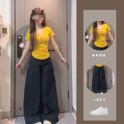 韩系姜黄色纽扣V领短袖t恤女2025新款夏季辣妹修身显瘦百搭上衣