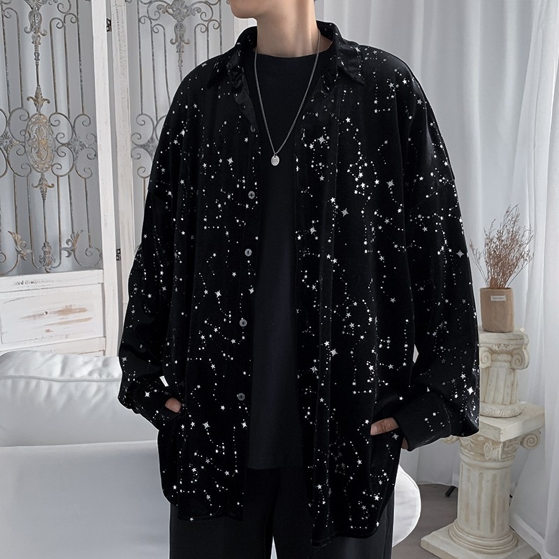 春秋黑色星空弹性垂感衬衫男士休闲宽松外穿闪闪衬衣青春潮流开衫