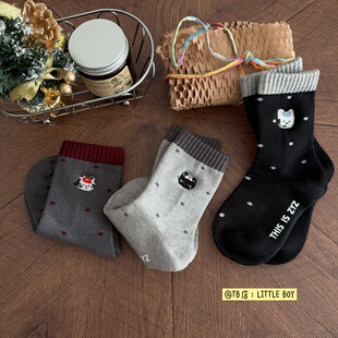 儿童袜子秋冬韩系女童可爱小猫刺绣中筒袜女宝波点灰色羊毛袜ins