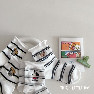 儿童袜子韩系ins春夏薄款 棉袜男女童松口刺绣小狗黑白条纹杠杠袜