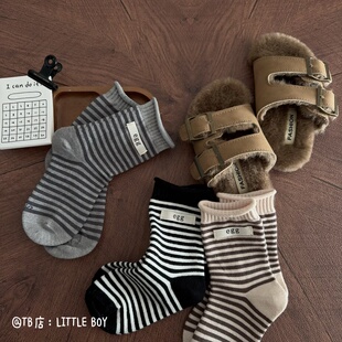 儿童厚袜子冬季 韩系布标egg男童黑白条纹松口中筒袜男宝羊毛袜ins