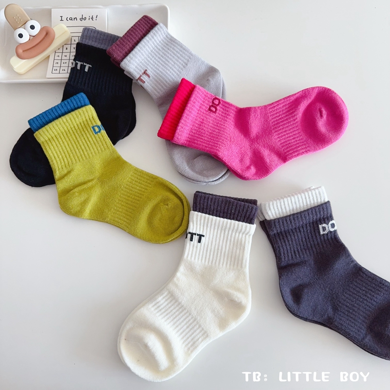 3双包邮-韩系儿童袜子学生双罗口男女运动袜子搭鲨鱼裤撞色堆堆袜