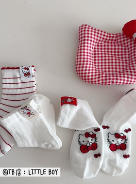 春夏季韩系女童薄白袜子可爱女孩猫咪珍珠网眼布标贴条纹无骨袜子