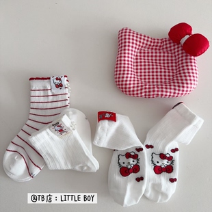 韩系女童薄白袜子可爱女孩KT猫珍珠网眼布标贴条纹无骨袜子 春夏季