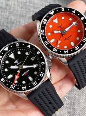 NH34 GMT 37mm自动男表橙色表盘24小时20ATM防水3.8华夫胶带