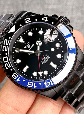 Tandorio 潜水黑色NH34 GMT钢制机械男士手表蓝宝石904L手镯防水