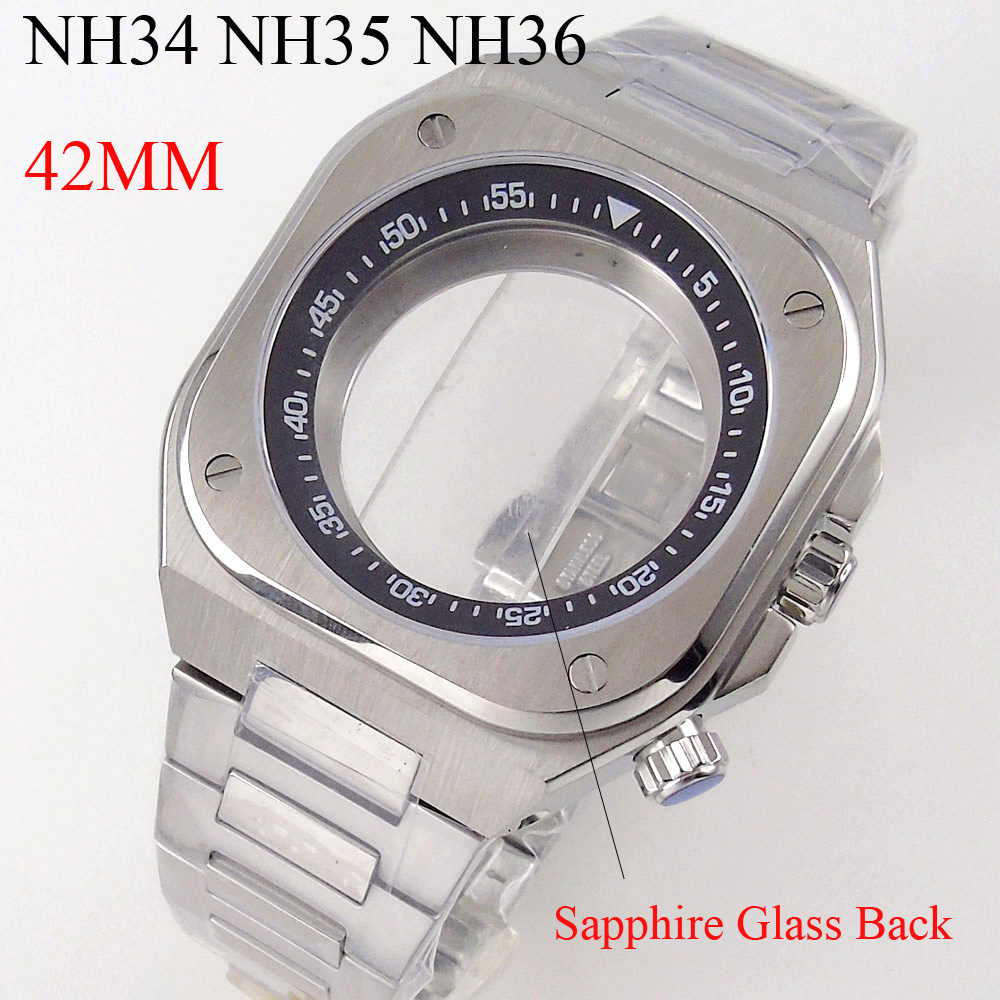 150米防水42毫米方形钢表壳适用于NH34 NH35 NH36防反射蓝宝石