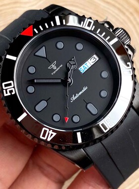 Tandorio SUB男士黑色自动手表日本nh36星期日期闪电秒弯头胶带40