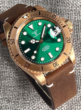 复古防水Tandorio青铜潜水员机械手表男士绿色手表NH35 皮革表带
