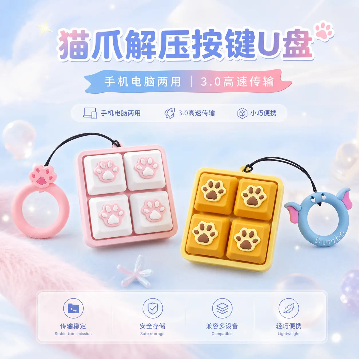 3.0卡通解压猫爪按键U盘手机电脑两用高速传输u盘个性定制logo