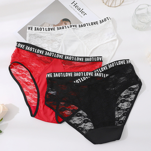 中腰字母边薄款 大码 蕾丝内裤 女胖mm200斤性感新款 透气无痕三角裤
