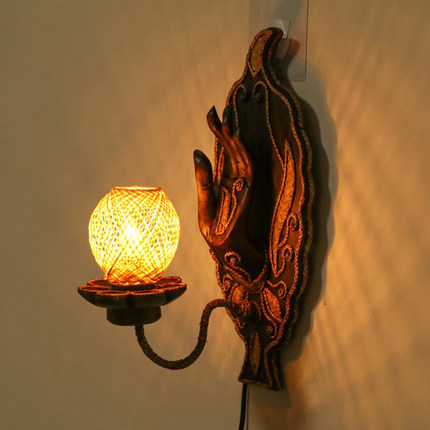 泰国佛手壁灯创意轻奢新中式复古木质走廊过道禅意装饰卧室床头灯