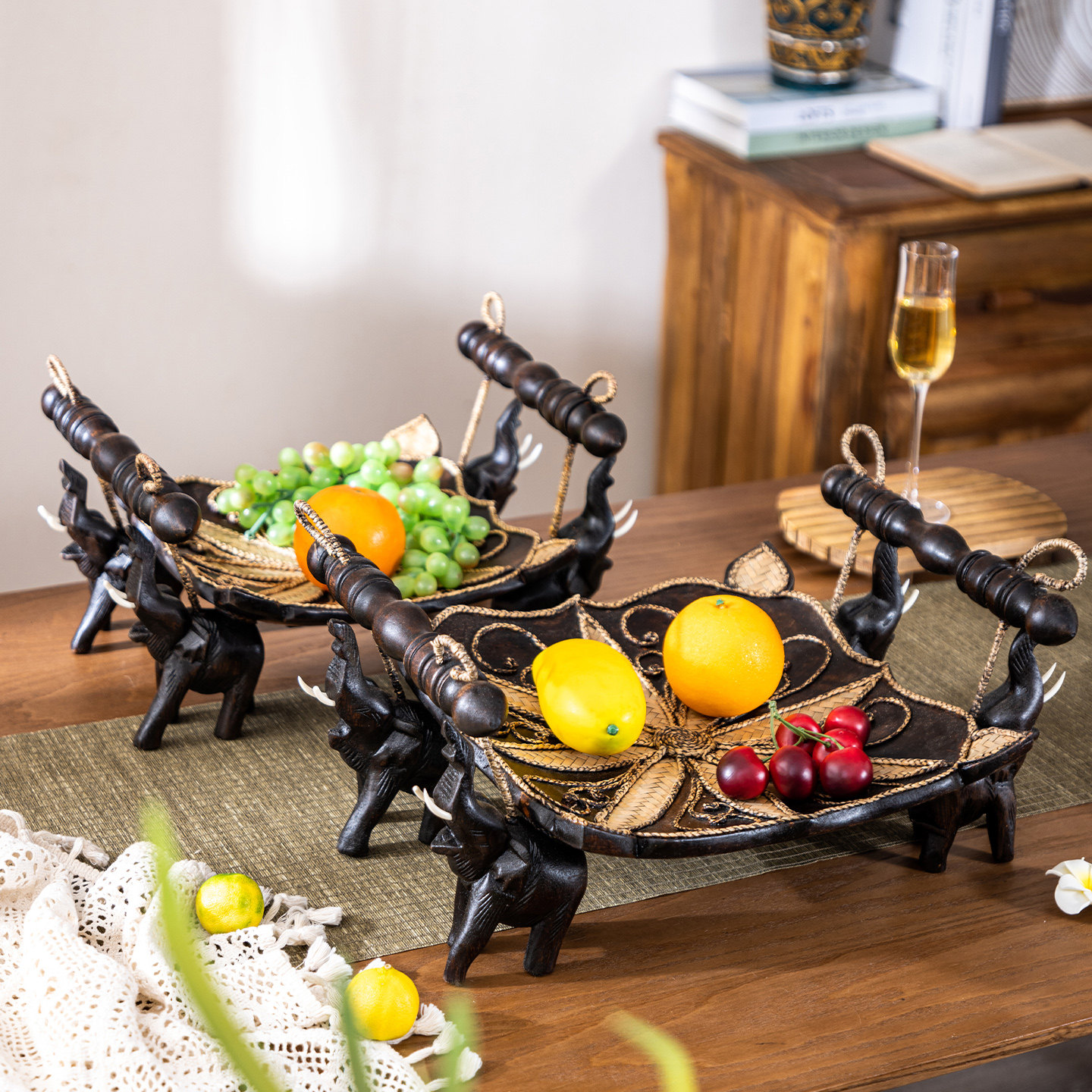 泰国创意吉祥大象水果盘家用客厅茶几干果盘装饰摆件复古木质果盘