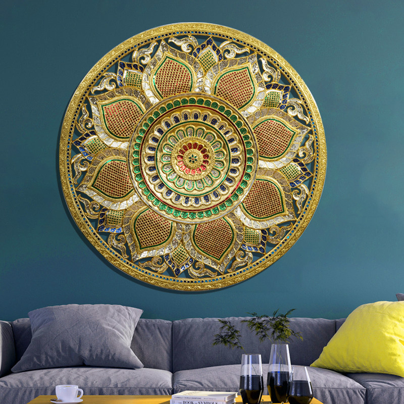 泰国木雕工艺品壁挂客厅背景墙装饰挂件东南亚风格圆形金箔雕花板