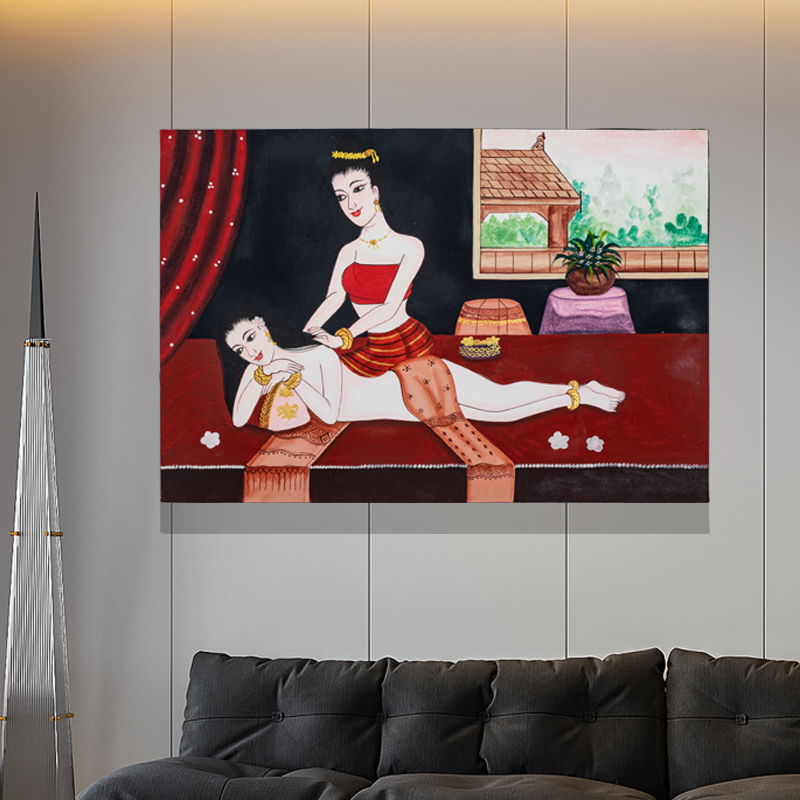 泰国金箔人物画东南亚风格泰式手绘玄关走廊壁画客厅餐厅装饰挂画图片
