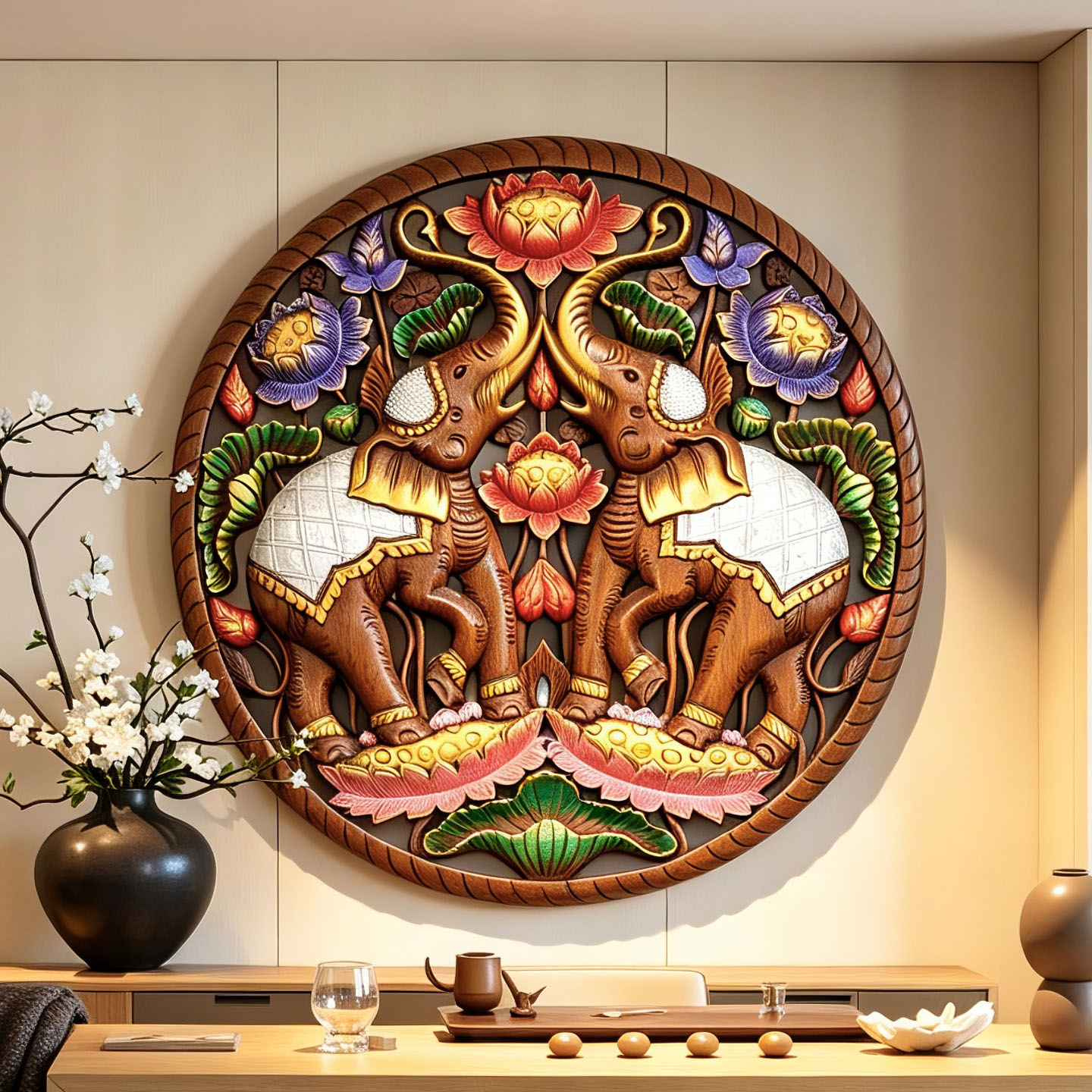 泰国柚木雕花板圆形实木大象图案立体装饰画客厅玄关电视墙面壁画
