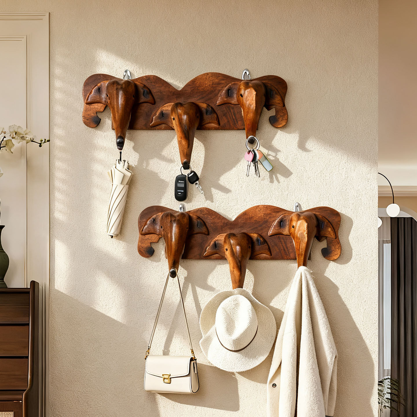 泰国实木衣帽架客厅卧室墙上门口创意壁挂大象衣帽钩钥匙衣服挂钩