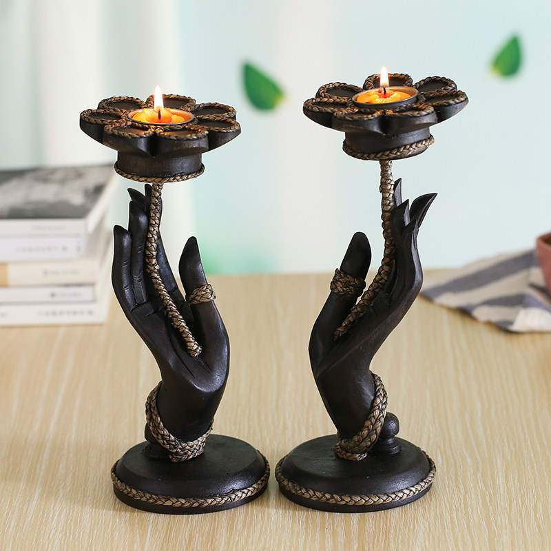 泰国工艺品实木创意客厅餐厅佛手烛台摆件东南亚复古风格供佛装饰