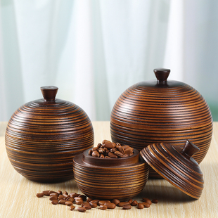 泰国实木茶叶罐收纳盒进口工艺品家居收纳手工雕刻木质摆件储物盒