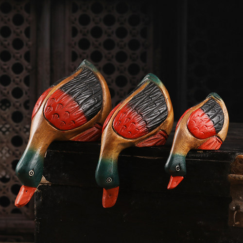 泰国创意木质喝水鸭子摆件家居客厅办公室桌面装饰木雕工艺礼品摆