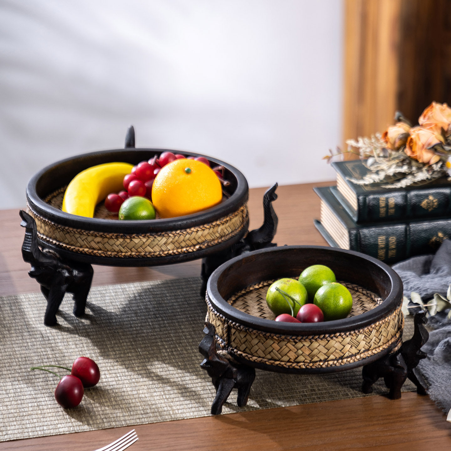 泰国实木家用创意果盘客厅茶几装饰大象摆件竹编水果盘干果零食盘