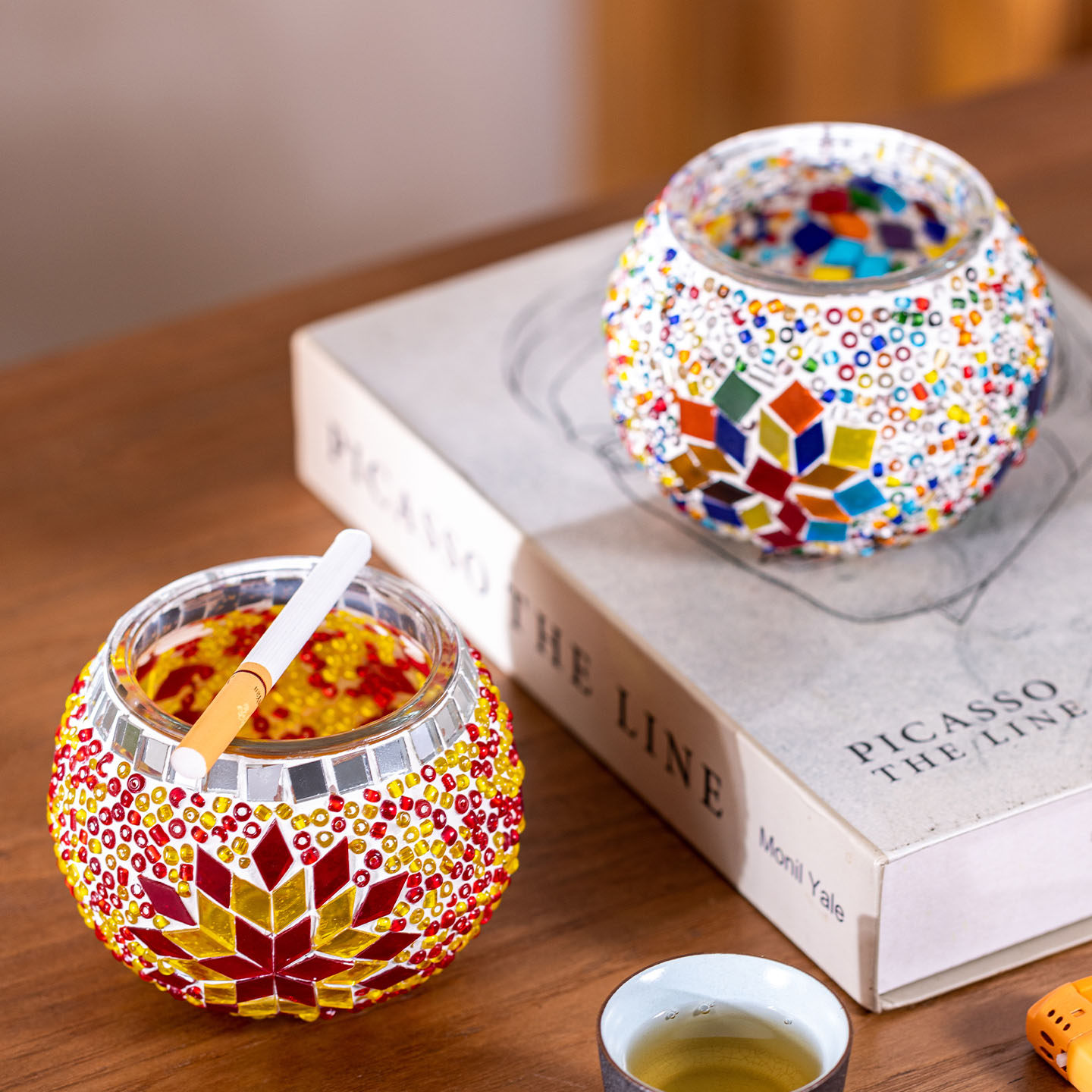 手工马赛克烟灰缸创意家用客厅烟缸彩色几何图案装饰烛台底座摆件