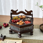 泰国实木分格果盘家用客厅茶几复古零食糖果盘新中式 创意手提篮子