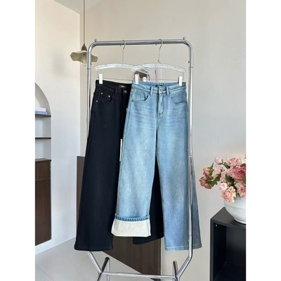 品牌同款 浅蓝怀旧水洗复合绒阔腿裤2025冬季加绒黑色直筒牛仔裤