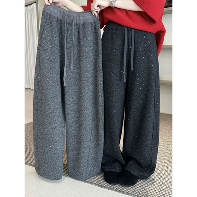 深灰色亮片加绒阔腿裤女秋冬新款美式弯刀卫裤小个子窄版直筒裤子